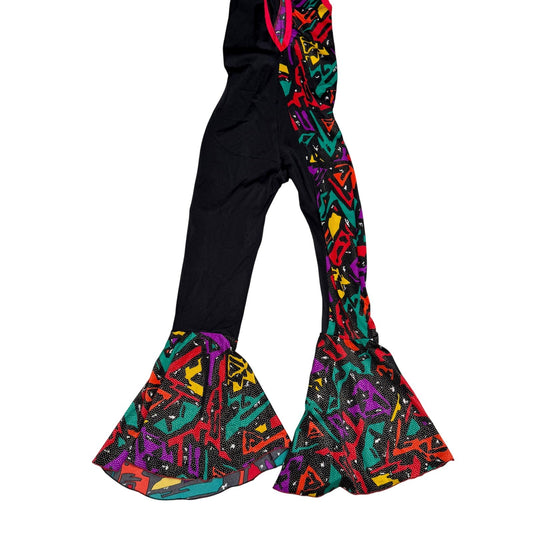 Handmade Dance Jumpsuit Neon Geometric Bell Bottom Sequin Retro 90s Youth Small