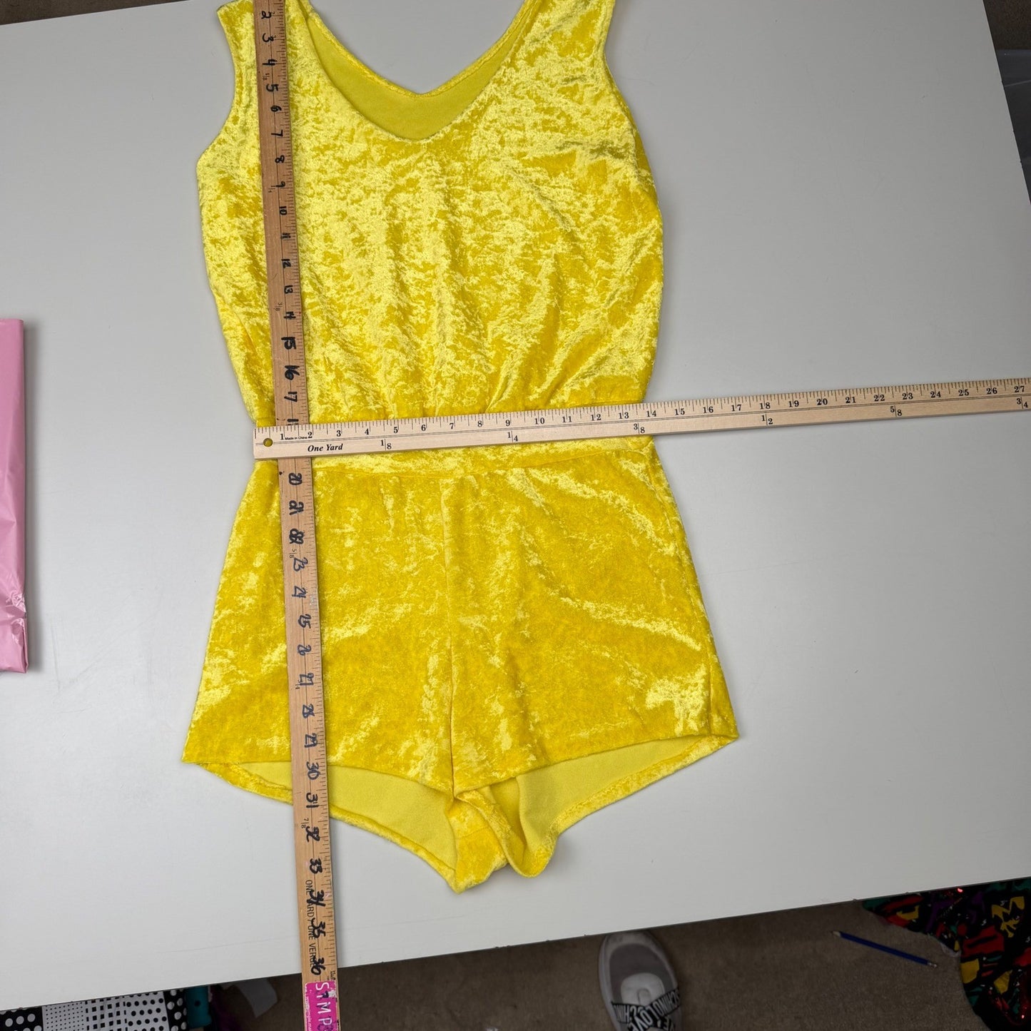 Vintage handmade Yellow 80's Romper Crushed Velvet Sleeveless V-Neck Retro Sz S