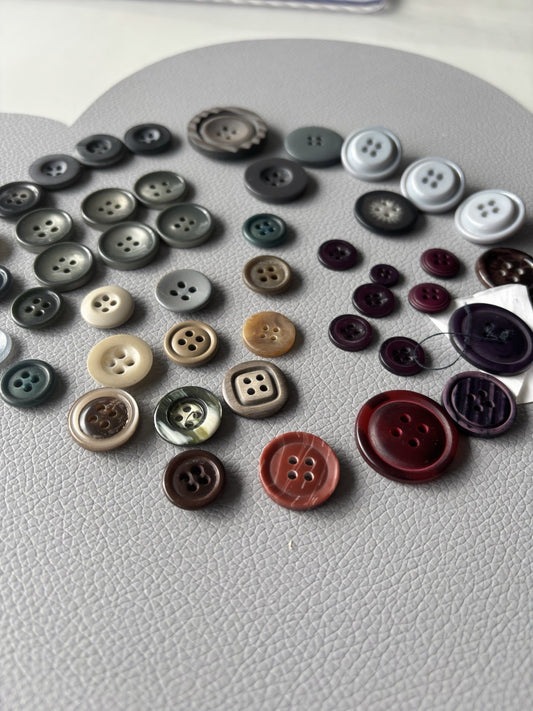 Vintage Button Collection 45 Lot Grey Blue Green Purple Red Grey Four Hole Small