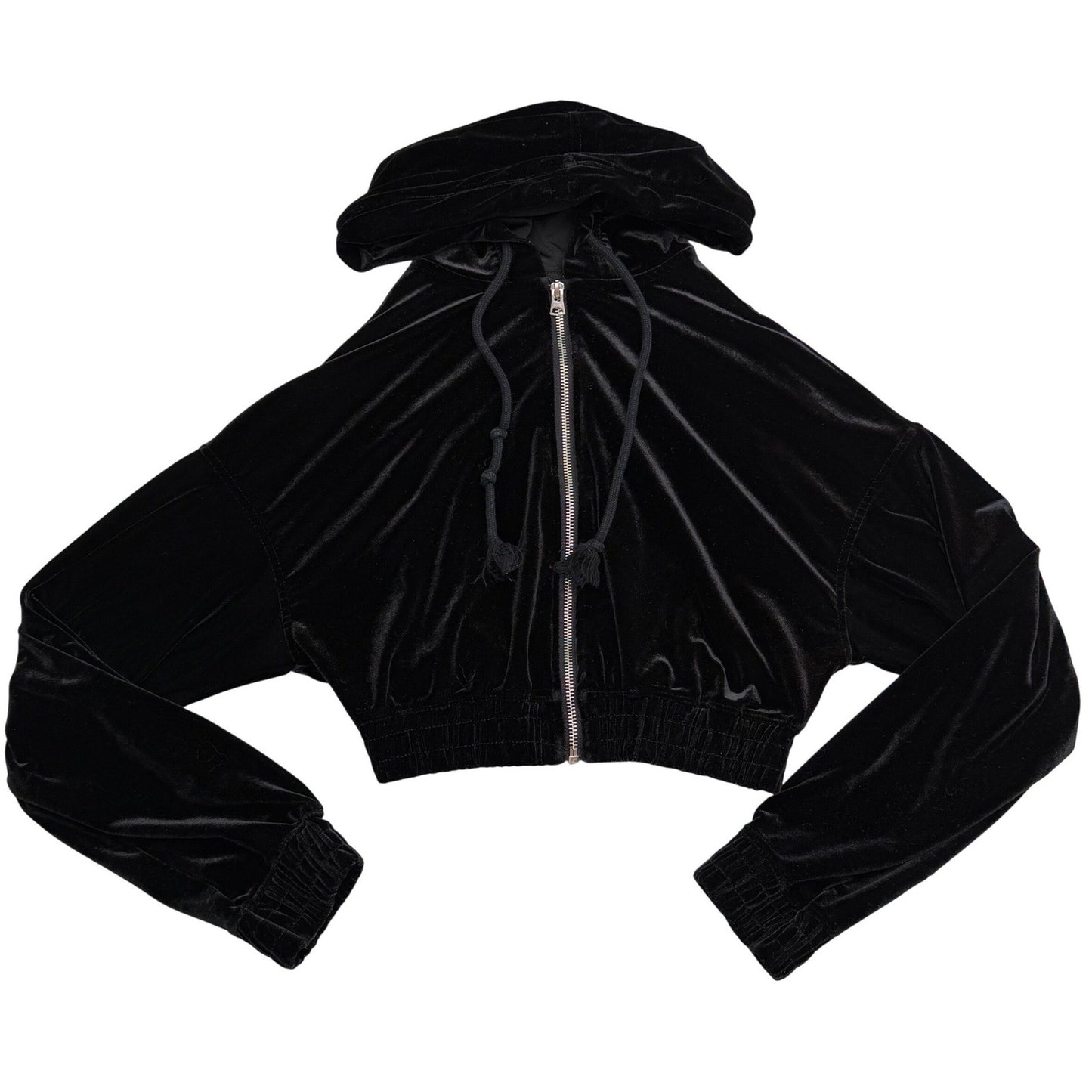 Black Velvet Cropped Zip Up Hoodie Long Sleeve Casual Athleisure Women