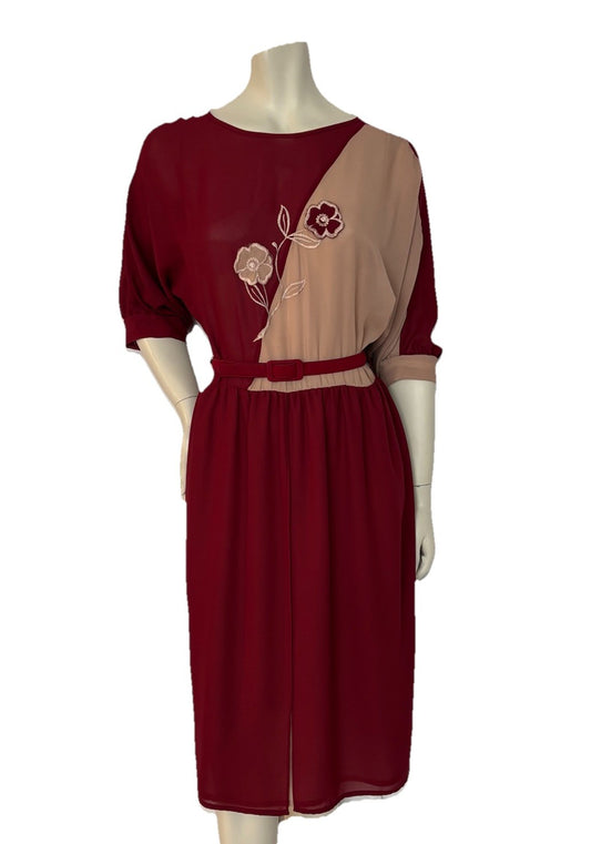 Vintage 80s Chiffon Midi Dress Batwing Floral Applique Cottagecore Teatime Styl