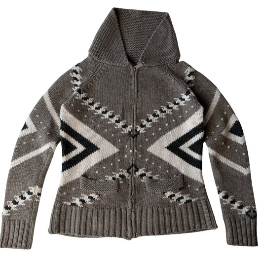 Kismet Zip Up Hooded Cardigan Wool Blend Geometric Cabin Gorpcore Sweater Size M