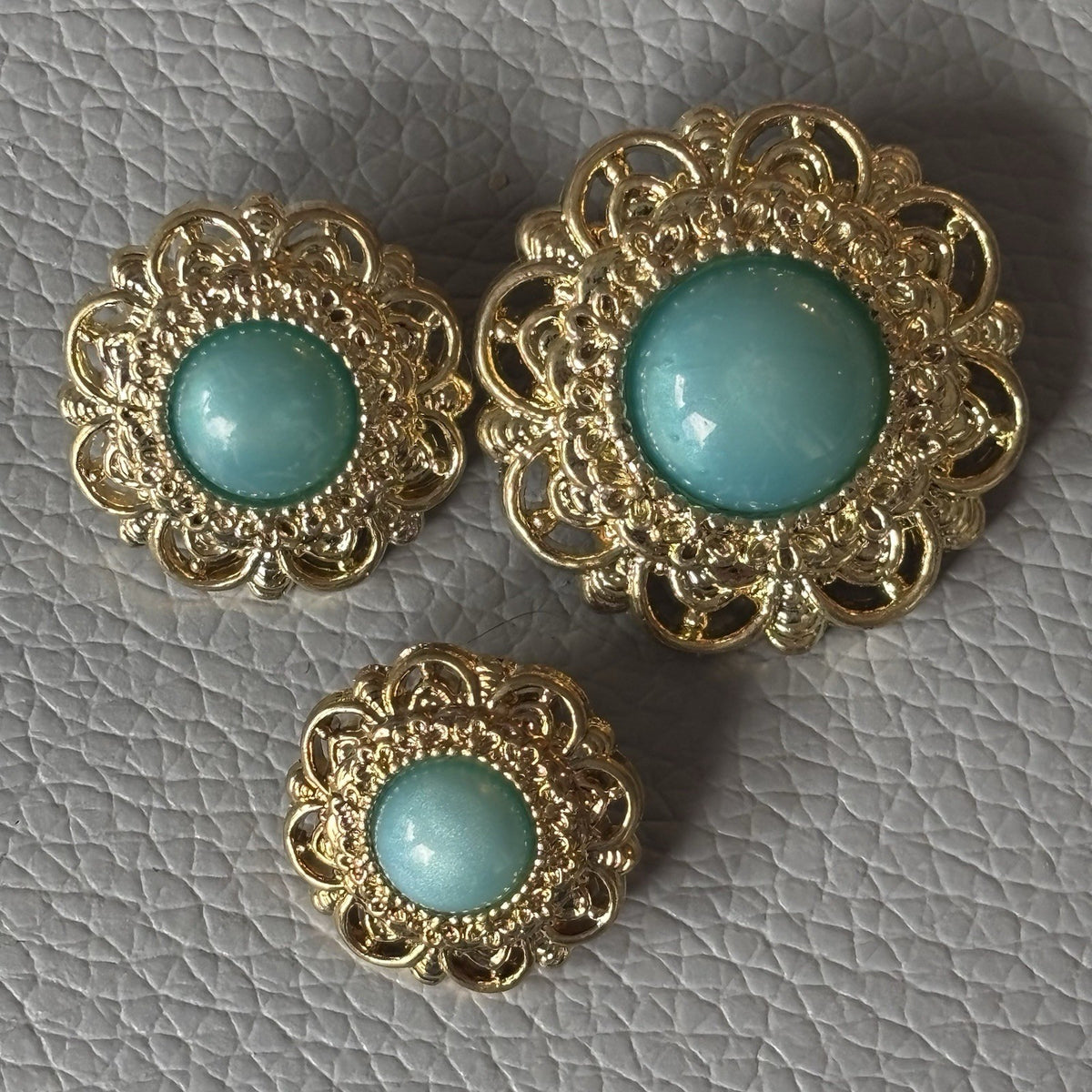 Contemporary Gold Filigree Cabochon Button Lot Pink Aqua Frosted Retro Style Set