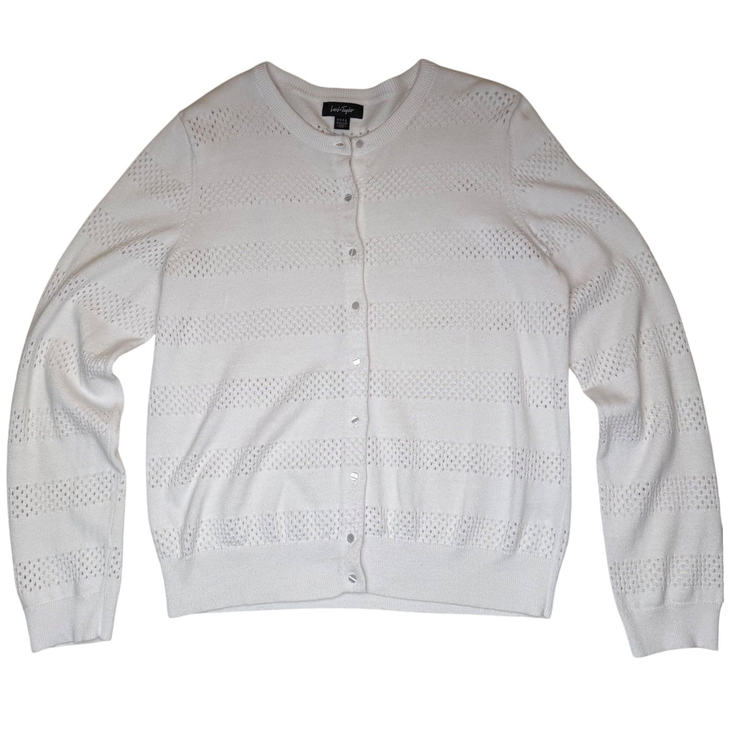 Lord & Taylor Cardigan Pointelle Knit Button Front White Cotton Classic Size L
