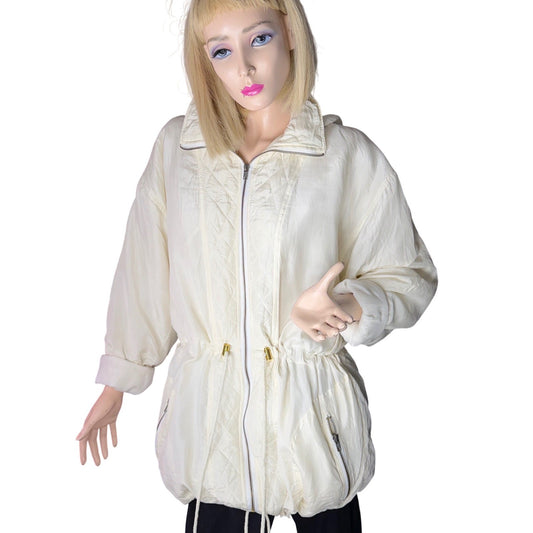 Susan Marsh 100% Silk Hooded Jacket Cream Zip Drawstring Vintagecore Size Medium