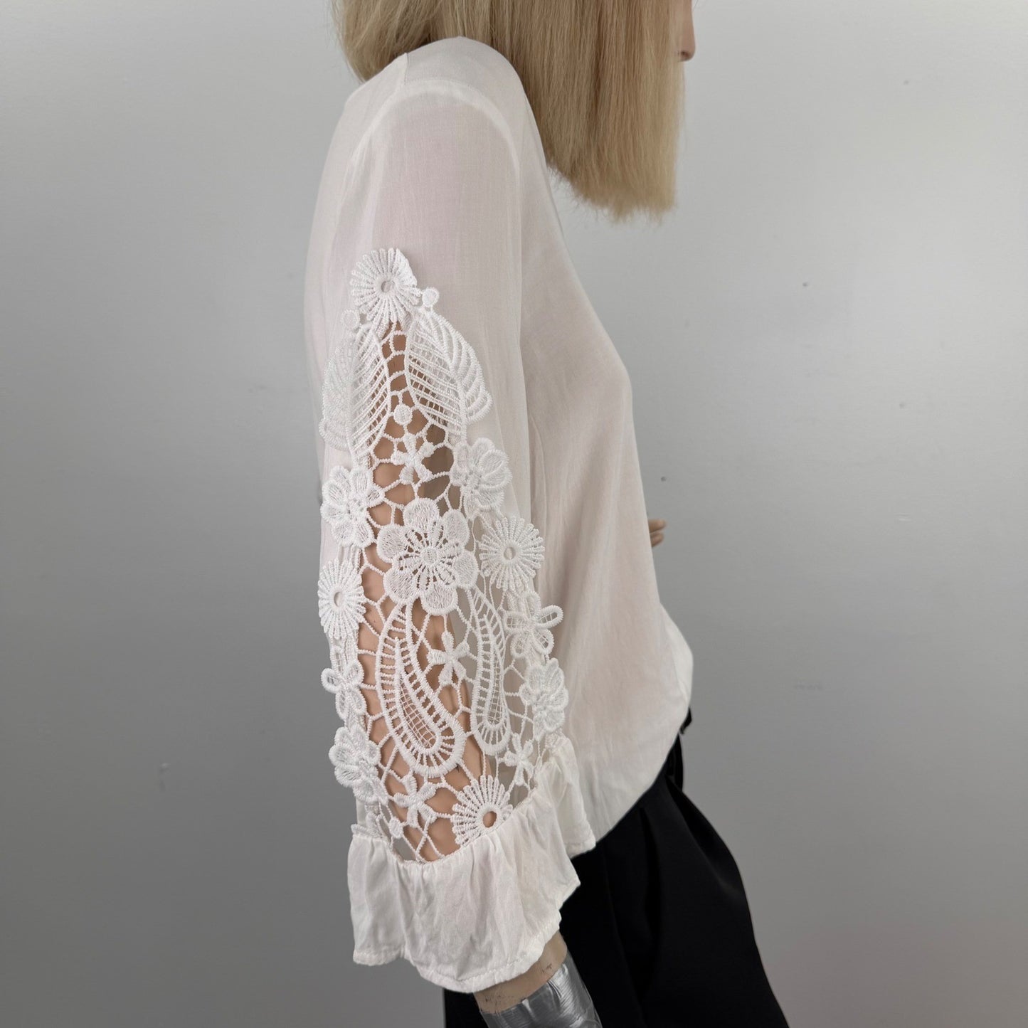 White V-Neck Blouse Floral Crochet Lace Sleeves Pom-Pom Trim Fairycore Small