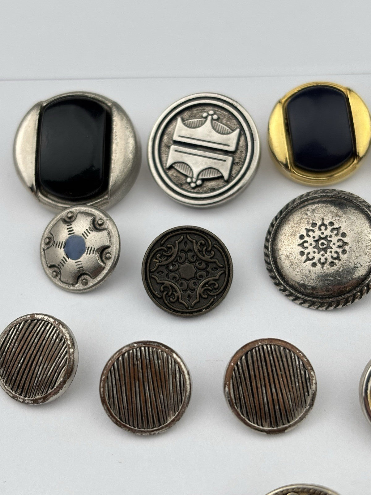 Vintage Silver & Black Button Lot – Crest, Textured, Enamel, and Etched Mix, 20