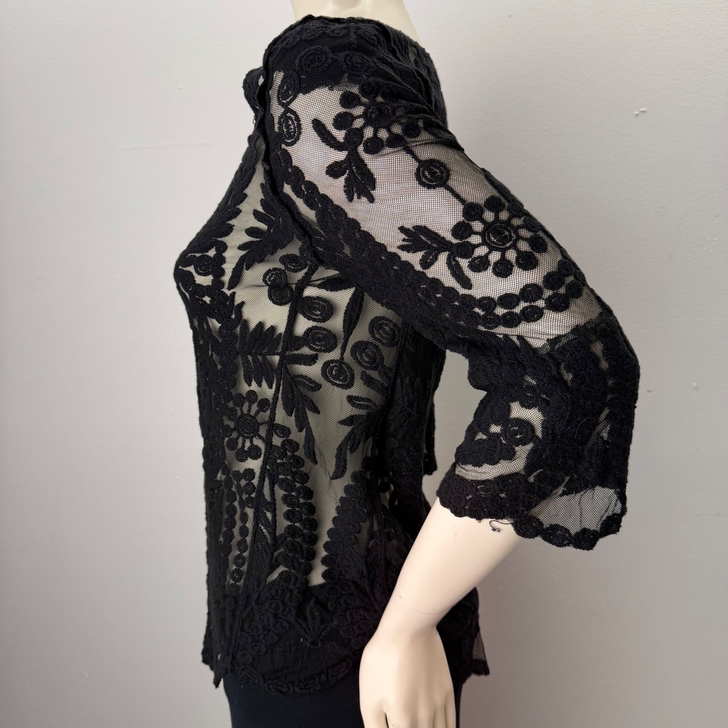 Black Sheer Mesh Top Embroidered Floral   Blouse Whimsigoth Victorian Boatneck
