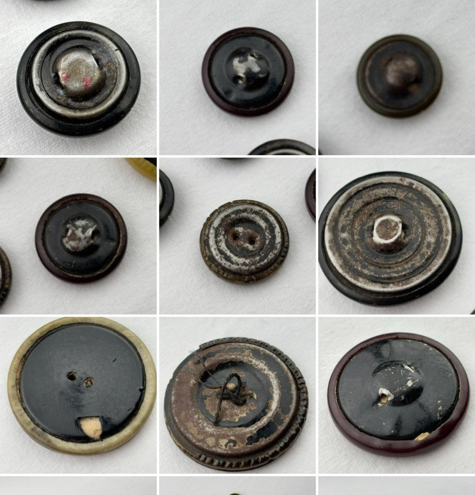 Vintage Composite Button Lot ~ 22pc Mixed Bakelite Era Brown Black Metal Shank