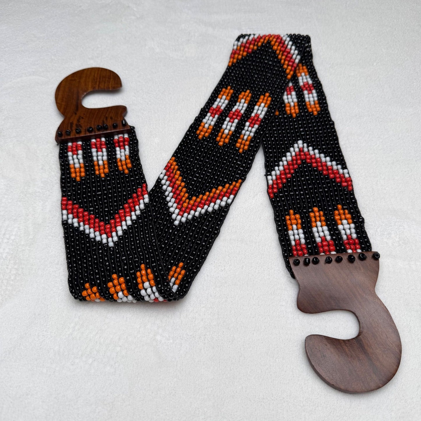 Vintage Beaded Belt Geometric Wood Hook Buckle Boho Southwestern Black OS