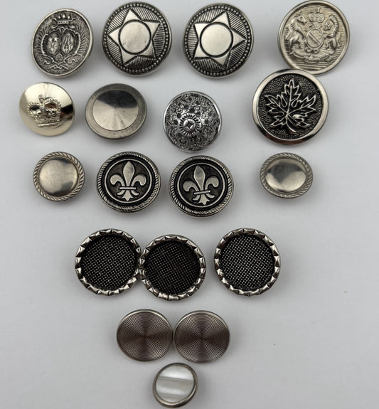 Vintage Silver Crest Button Lot – Fleur-de-Lis, Maple Leaf, Crown & Star, 15pcs