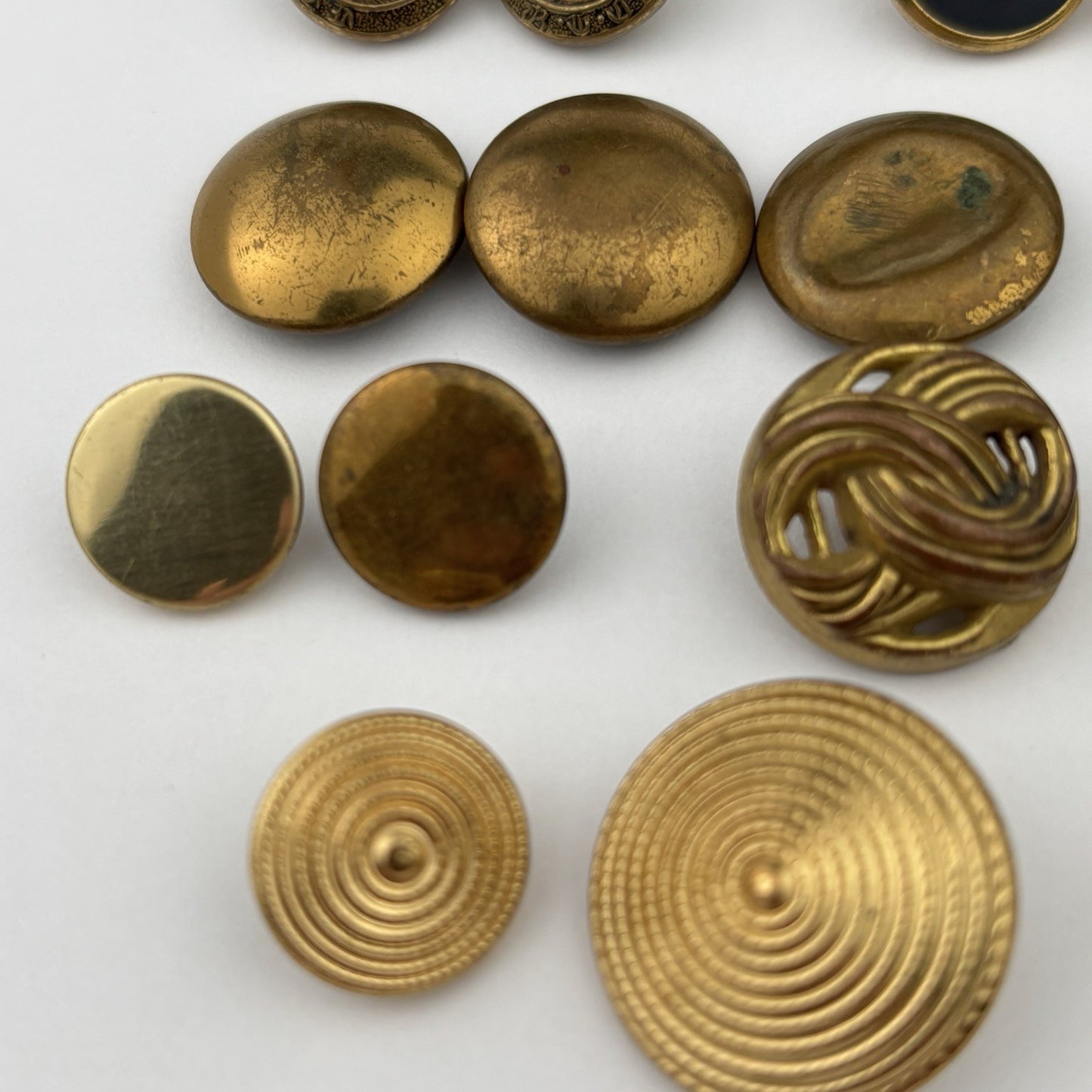Vintage Brass & Gold Button Lot – Embossed, Hammered & Textured Mix, 31 Pieces