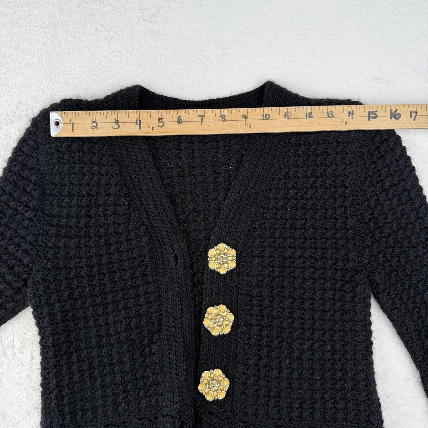 Vintage Black Fuzzy V-Neck Handmade Cardigan Peplum Yellow Flower Buttons Medium