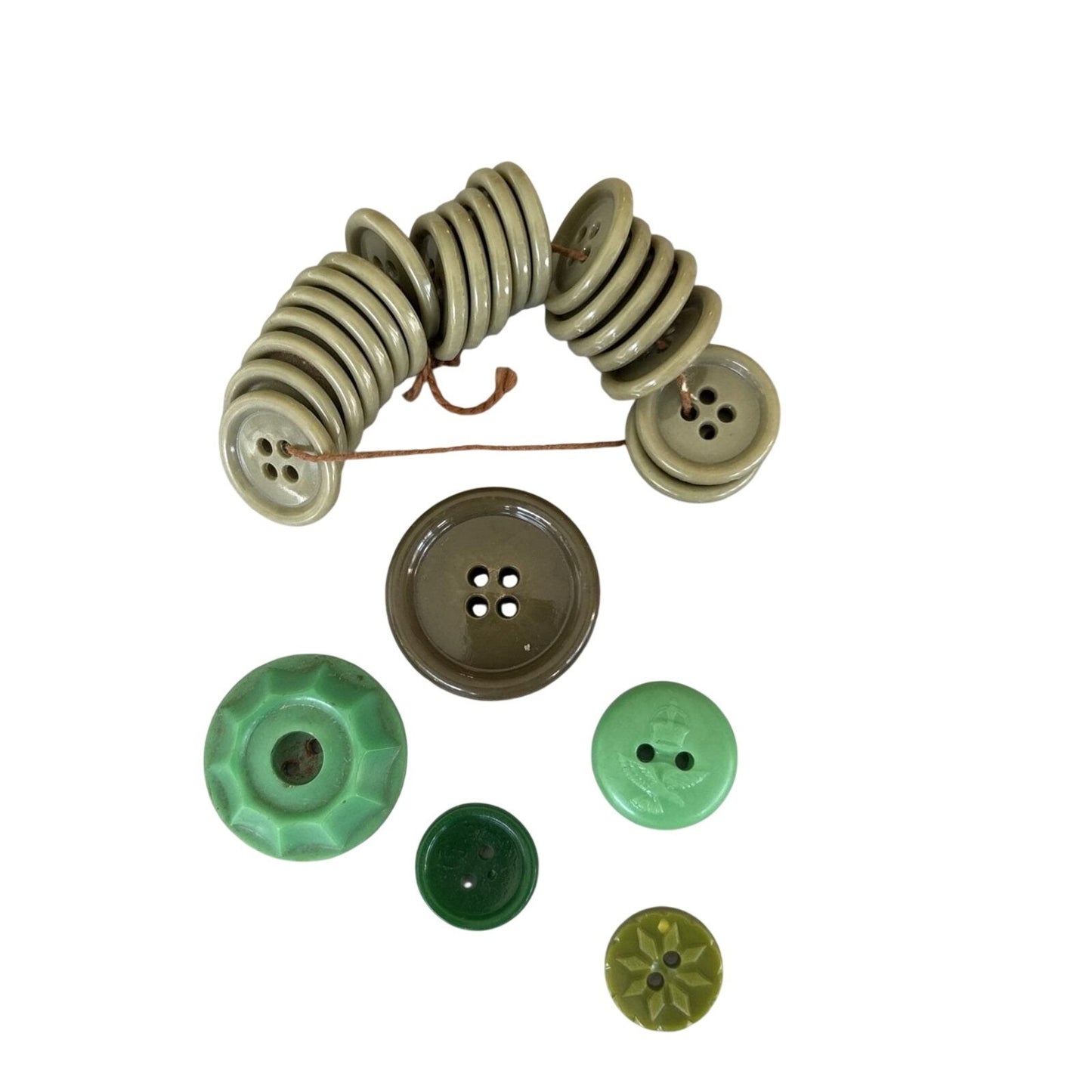 WWII RAF Bakelite Button Lot • Military Khaki & Deco Green Plastics (1940s–50s)