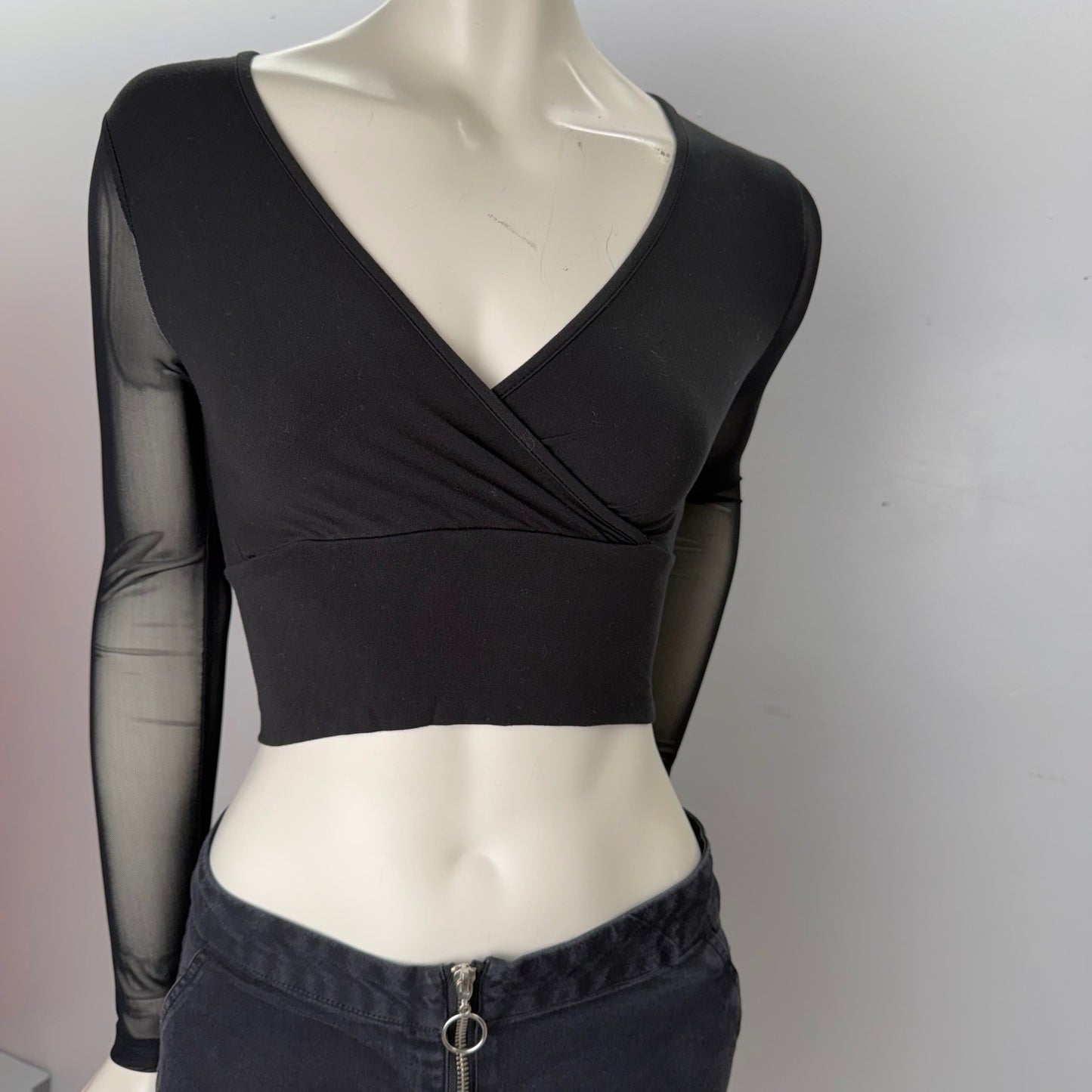 Black Sheer Sleeve Mesh Top Wrap Front V-Neck Crop Top Small Goth Romantic Y2K