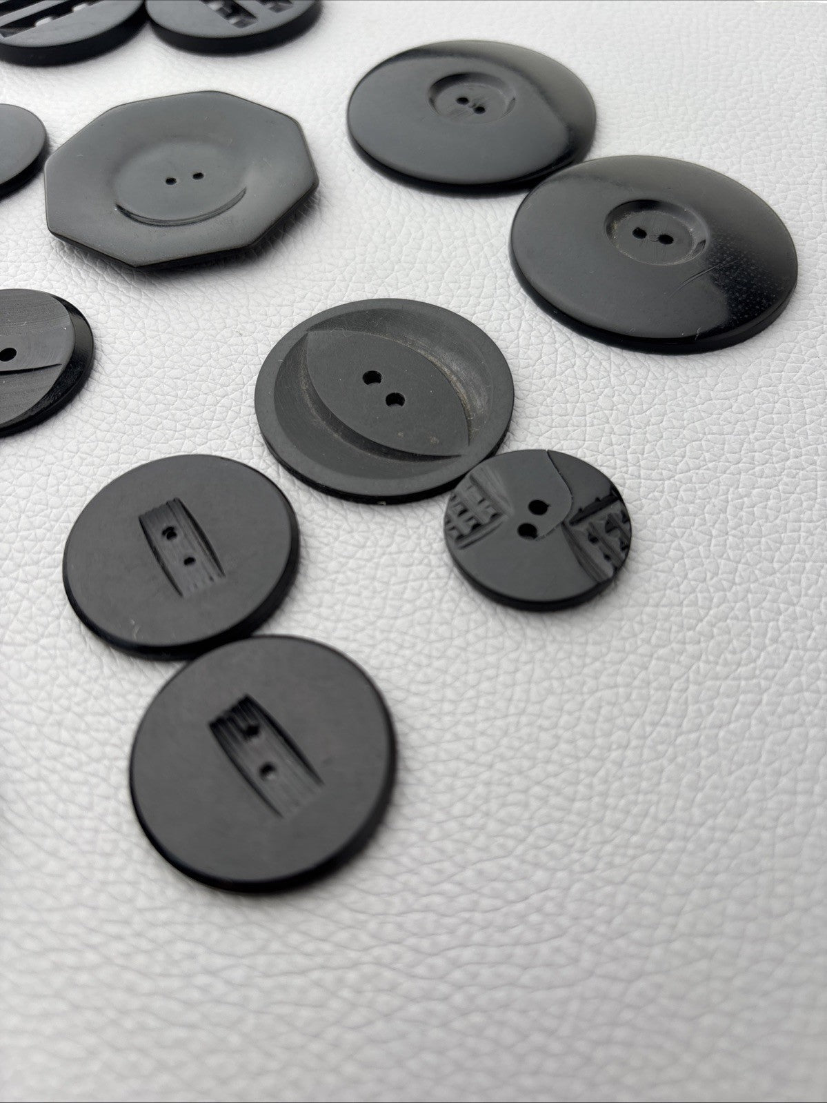 Vintage 1940s Black Bakelite Plastic Buttons Lot of 18 Carved Geometric Designs