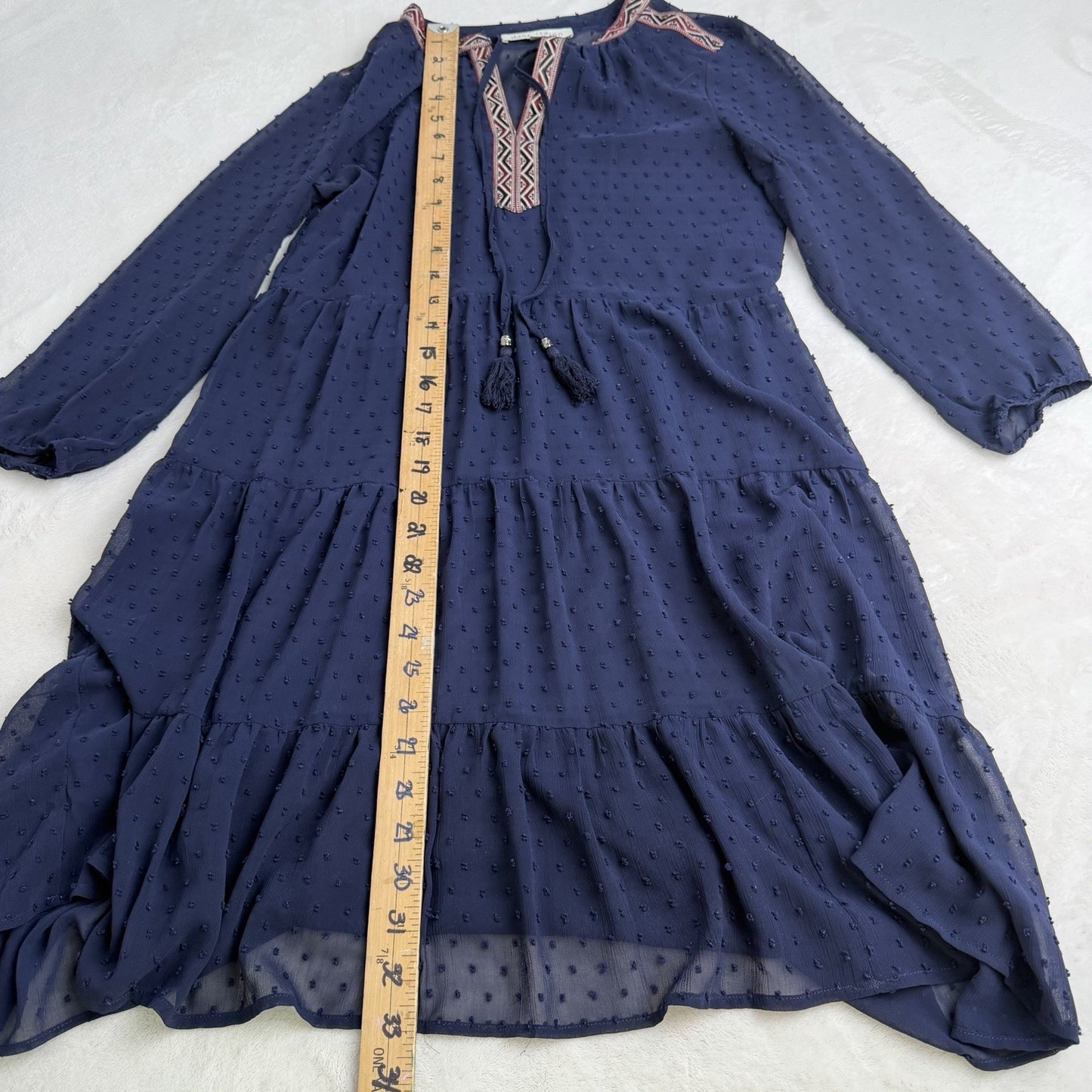 Daniel Rainn Navy Swiss Dot Tiered Dress Boho Embroidered XSmall Coquettecore
