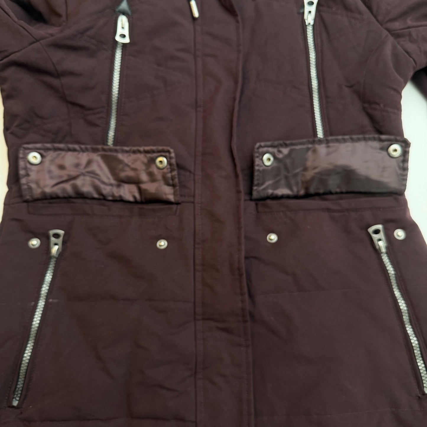 Lucky Brand Quilted Hooded Parka Jacket Burgundy Full Zip Pockets Womens Medium