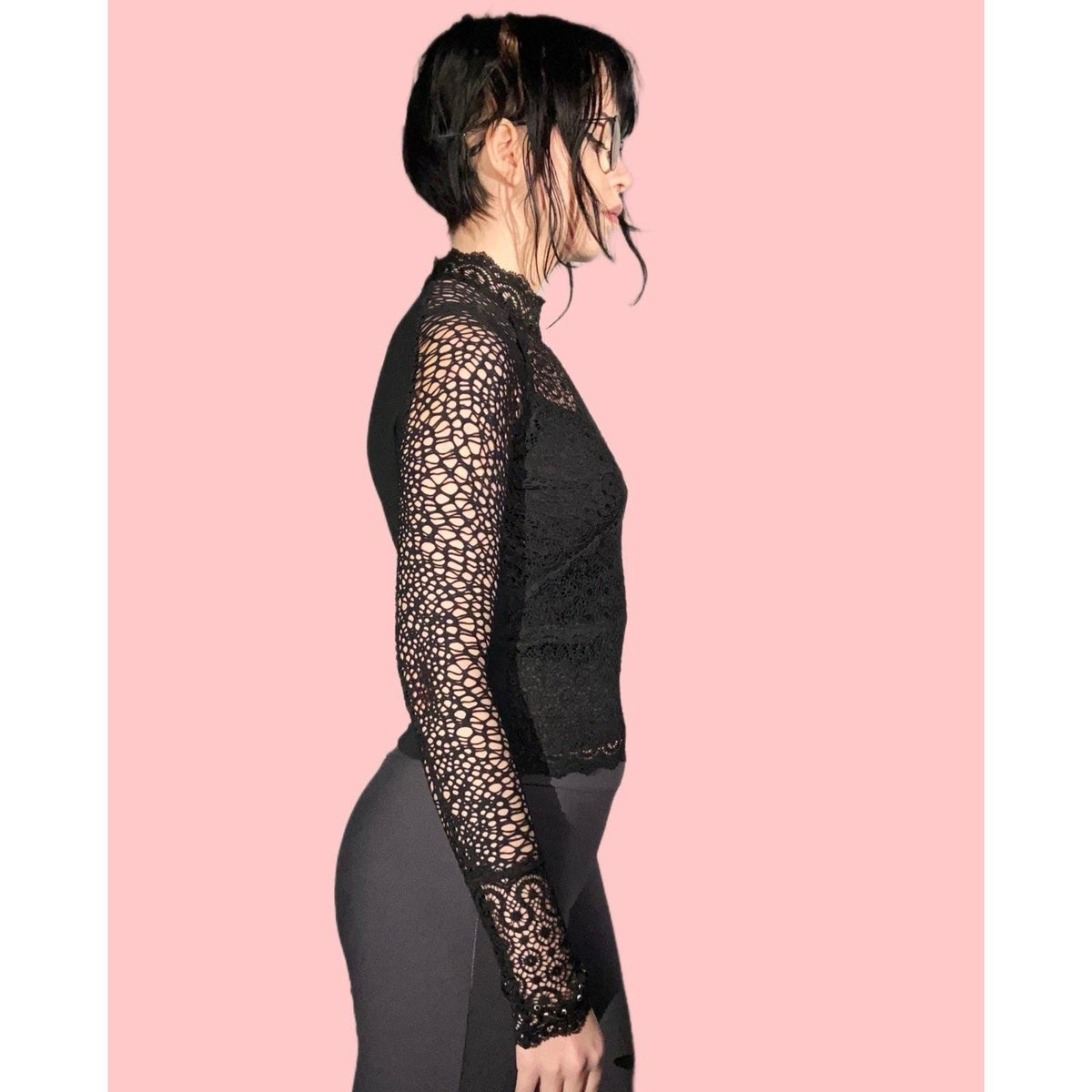 Sagaie Black Lace Mock Neck Top | Size 2