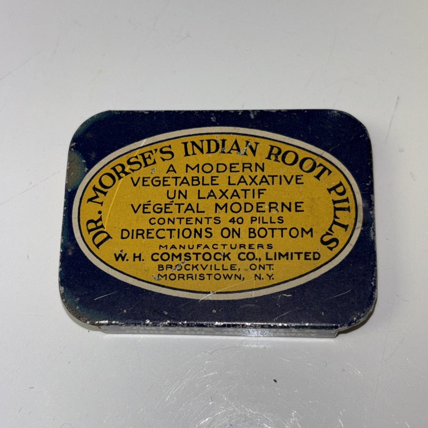 Vintage Dr. Morse's Indian Root Pills Slide Tin Vegetable Laxative WH Comstock