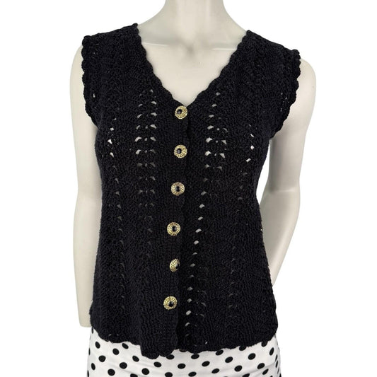 Vintage Black Crochet Vest Top Gold buttons Dark Academia Boho grandmacore S/M