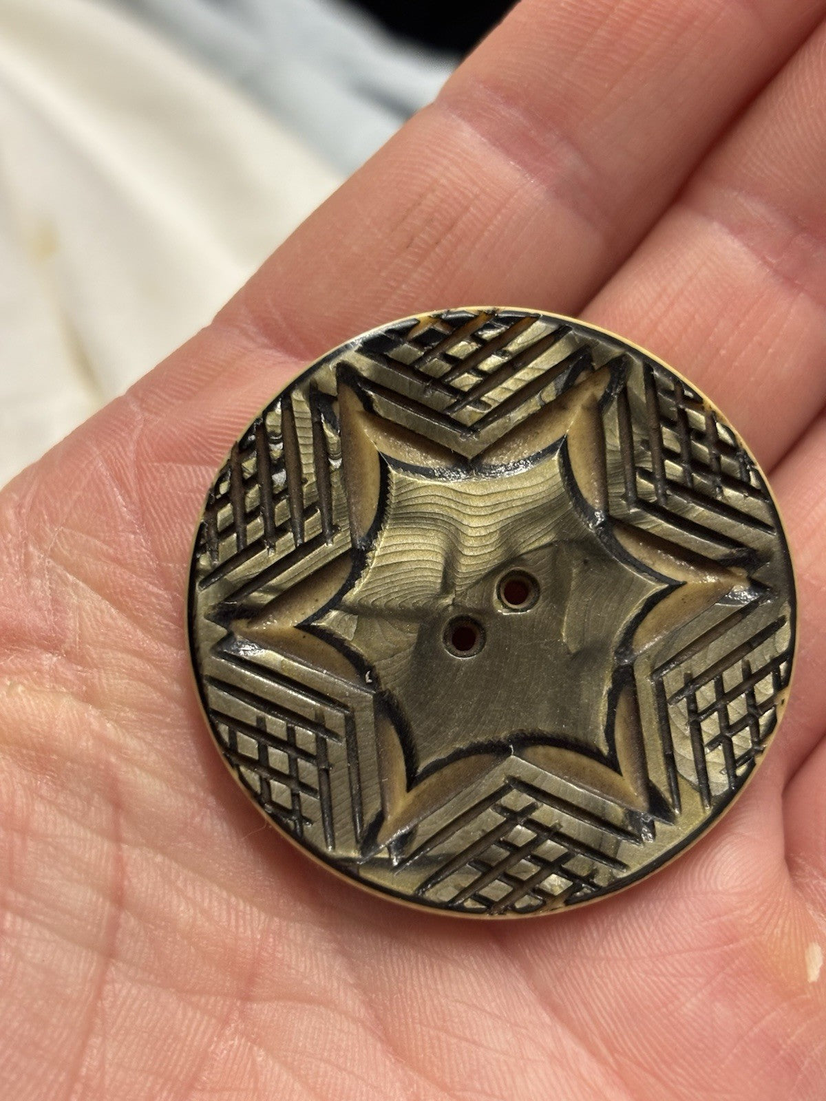 Vintage 1930s Carved Casein Button – Art Deco Star Design Large 1.5”