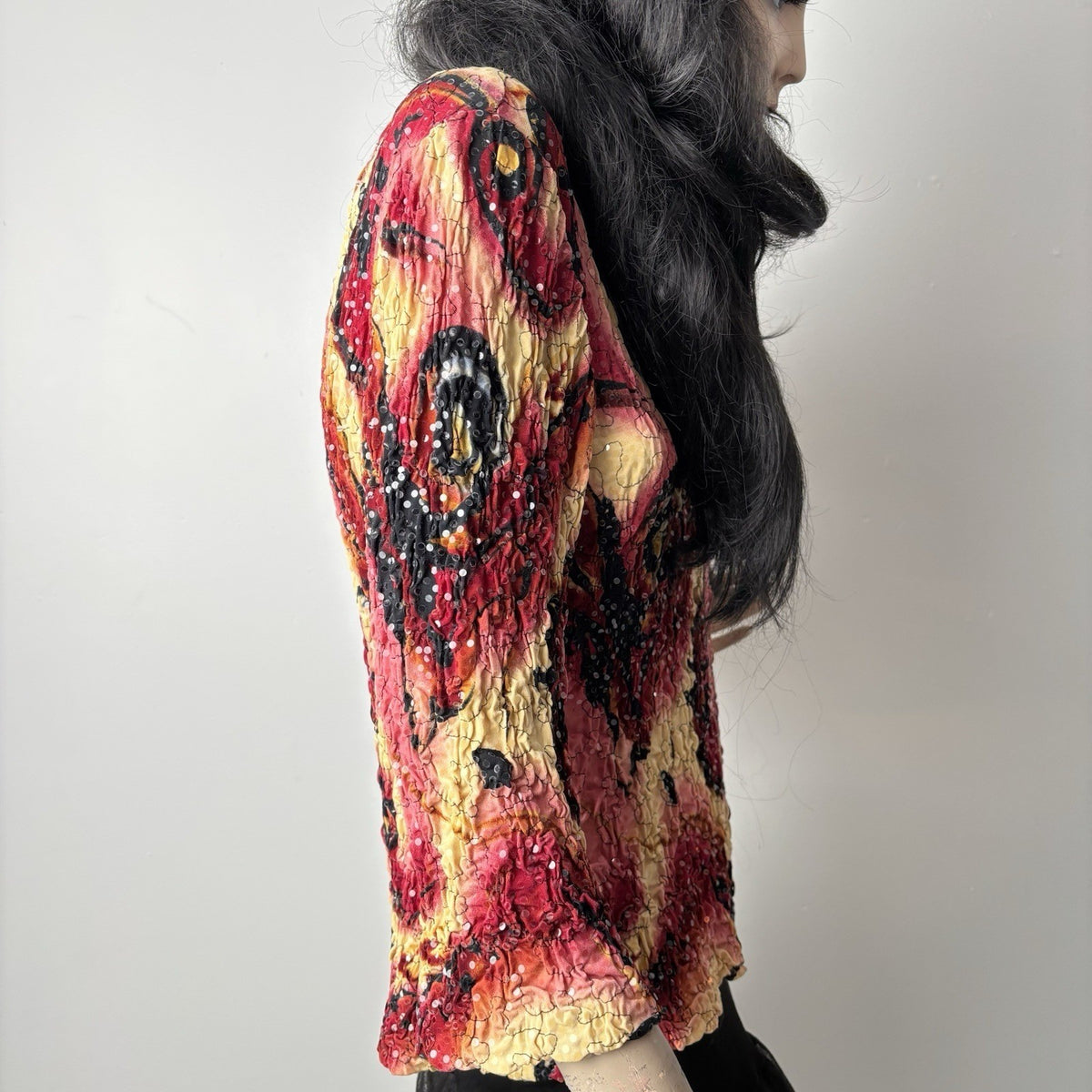 Vintage Handmade Black Red Sequins Crinkle Top OOAK Whimsigoth Witchy Y2K M