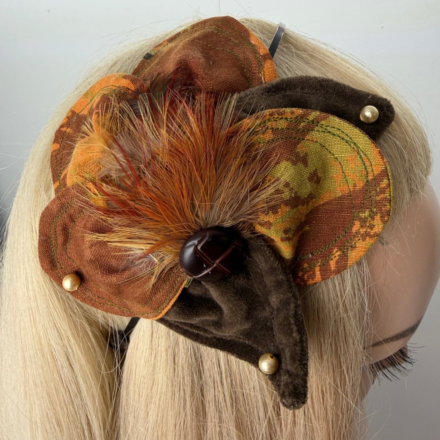 Handmade Floral Headband Feather Fascinator Velvet Autumn Earth Nature  OS