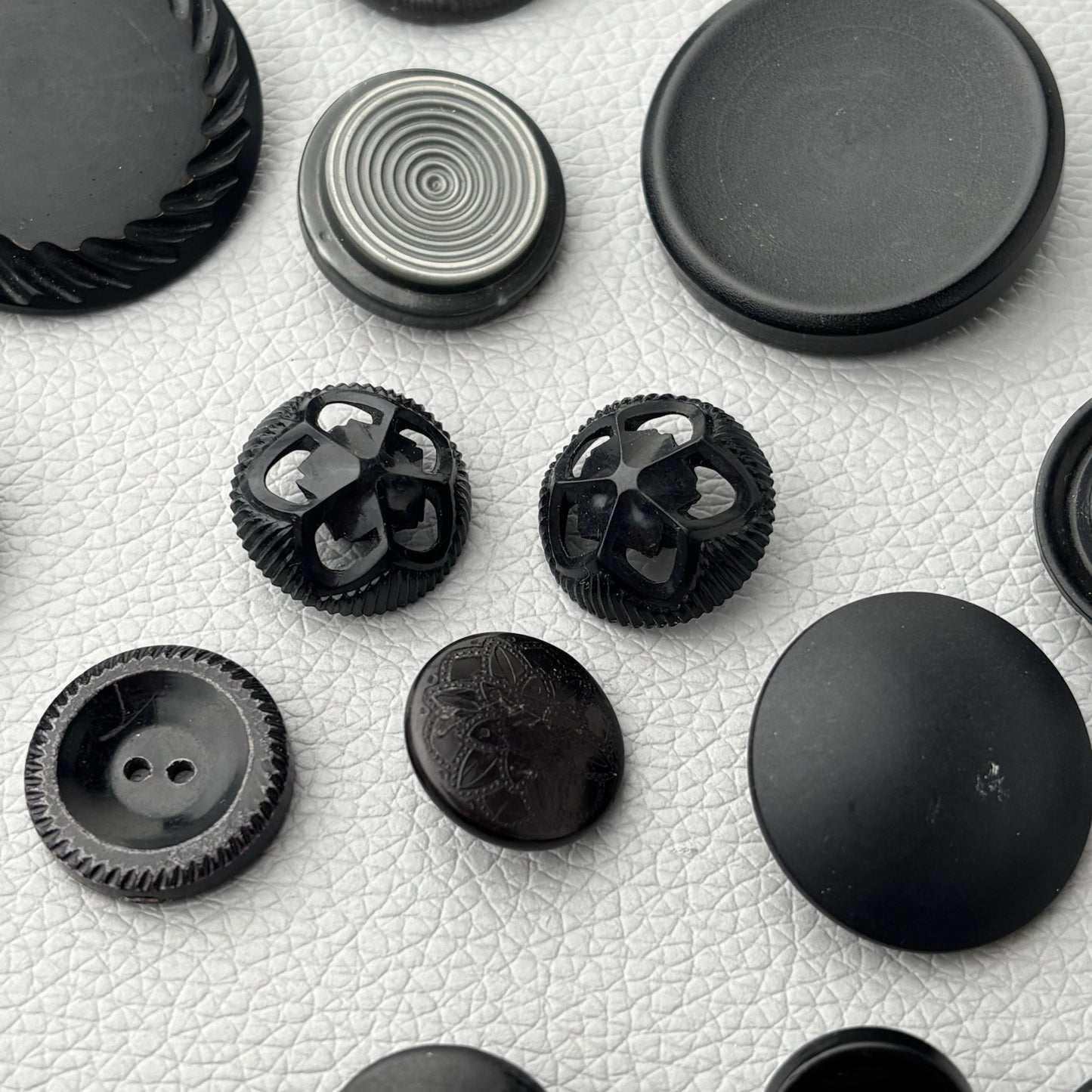 Vintage Black Glass & Early Plastic Button Lot Textured Carved & Openwork