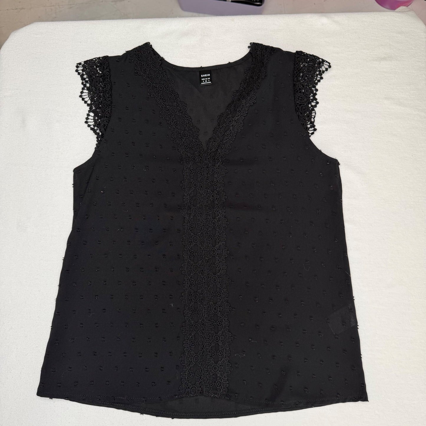 Women Black Sleeveless Blouse Swiss Dot Lace Trim Small Victorian Dark Academia