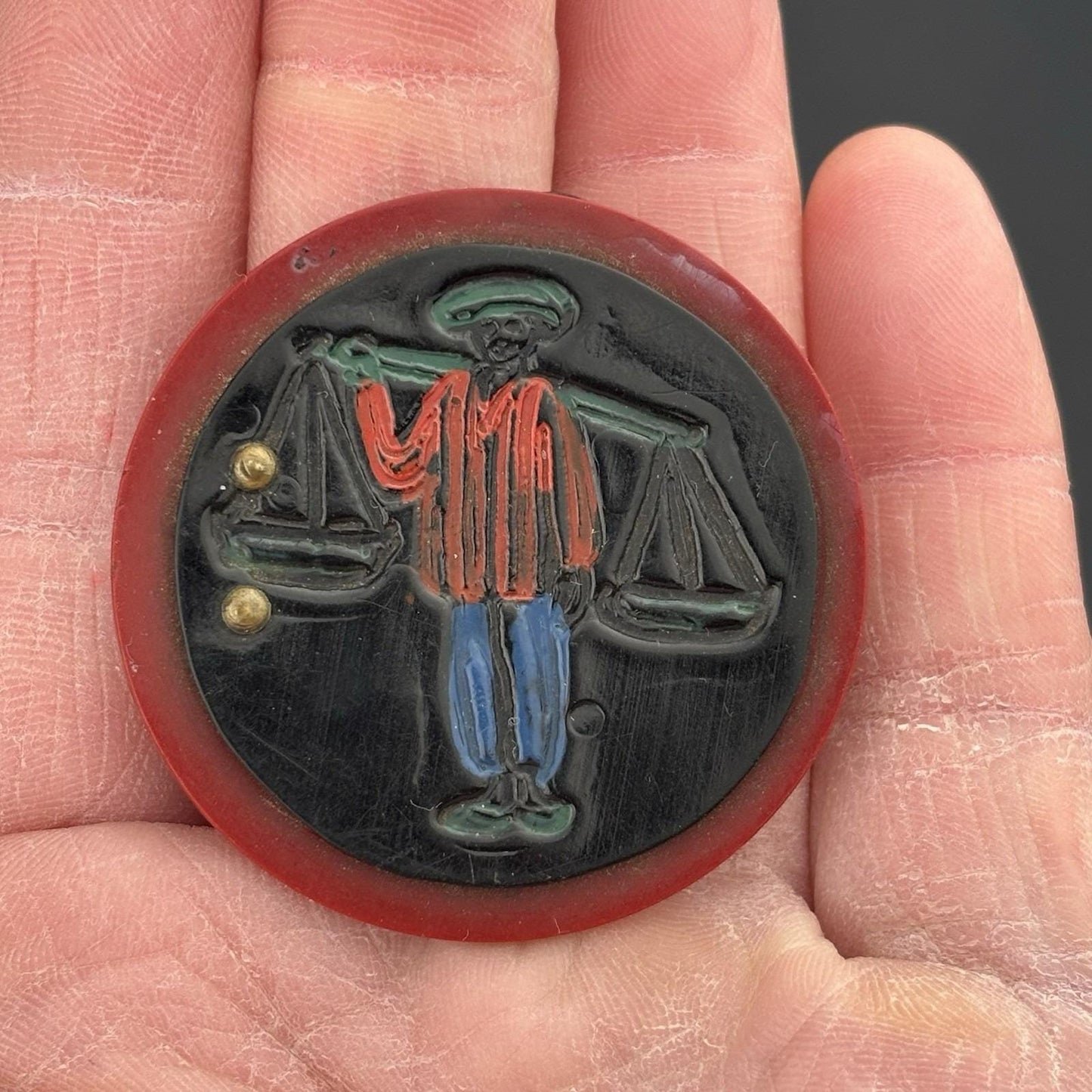 Rare 1930s Hand-Painted Bakelite & Brass Buttons — Oriental Market Scene, Red