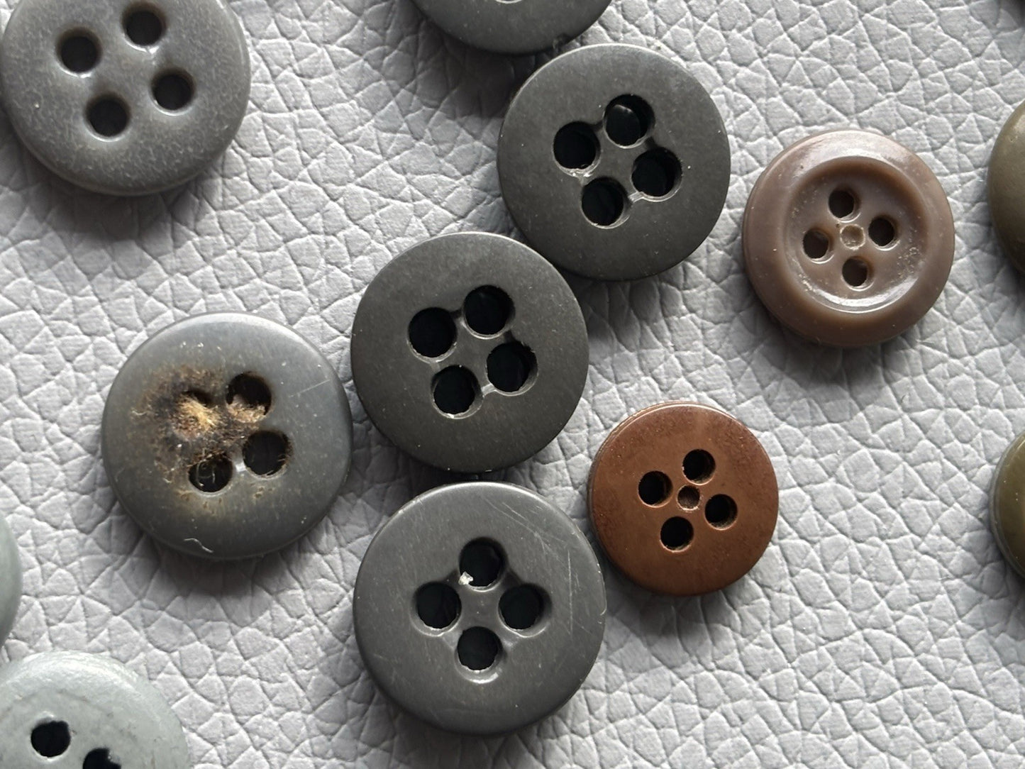Vintage Button Lot Of 59 Early Plastic Four Hole Buttons Grey Taupe White Brown