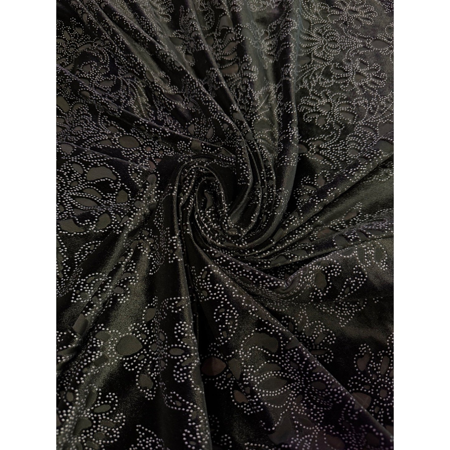 Black Velvet Fabric 66"/60" Stretch Silver Glitter Damask Floral Sheer Sewing
