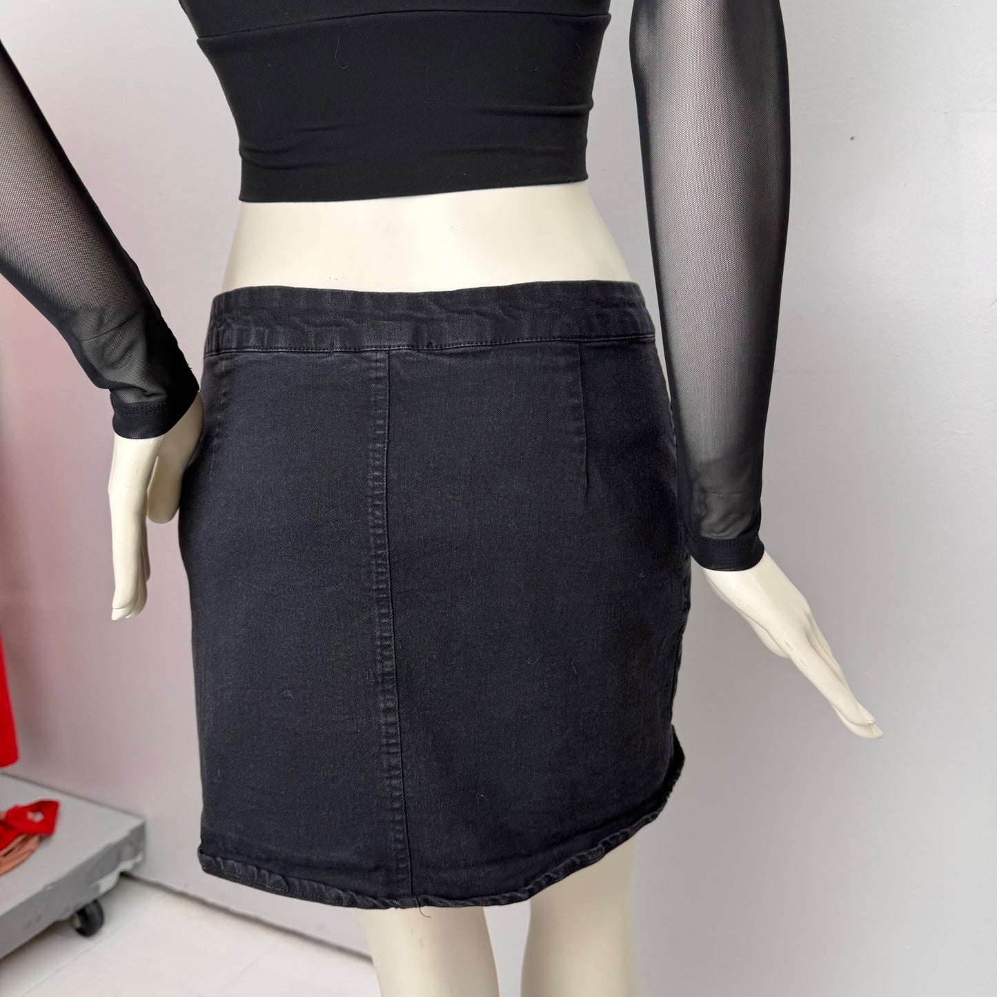 Streetwear Society Black Denim Mini Skirt Exposed O-Ring Zipper Y2K Goth Large