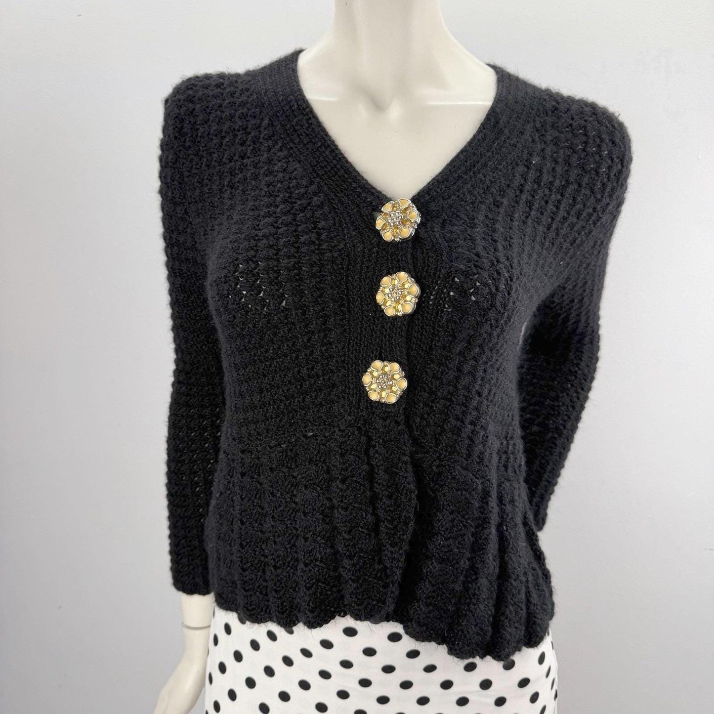 Vintage Black Fuzzy V-Neck Handmade Cardigan Peplum Yellow Flower Buttons Medium