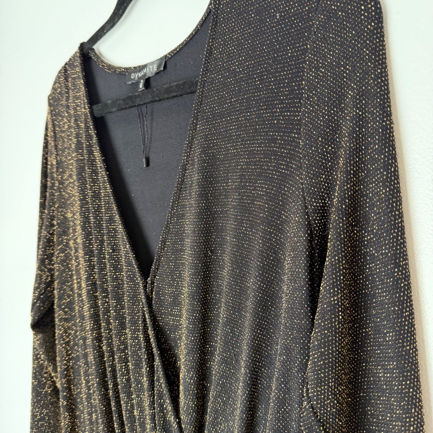 Dynamite Gold Shimmer Black Dress Ruched Long Sleeve Y2K Goth Indie Sleaze M