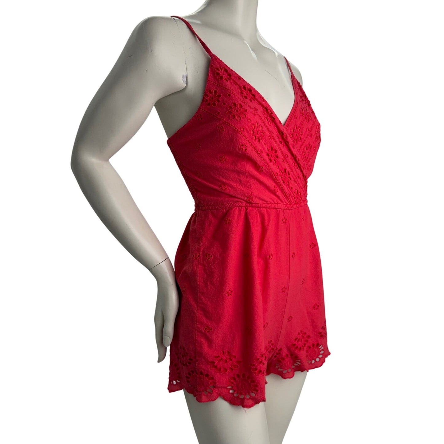 Coral Red Eyelet Embroidered Cotton Romper Smocked Back Boho Festival Country