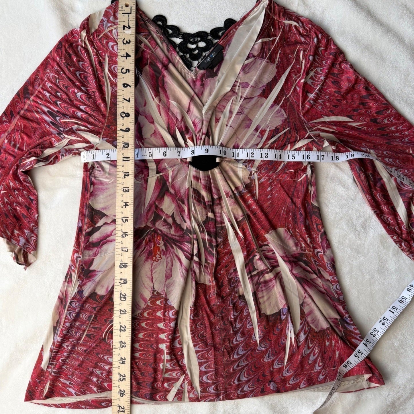 Style & Co Petite Floral Print Top Blouse Bell Sleeve Crochet Lace Boho Y2K  PL