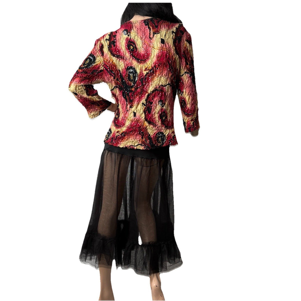 Vintage Handmade Black Red Sequins Crinkle Top OOAK Whimsigoth Witchy Y2K M