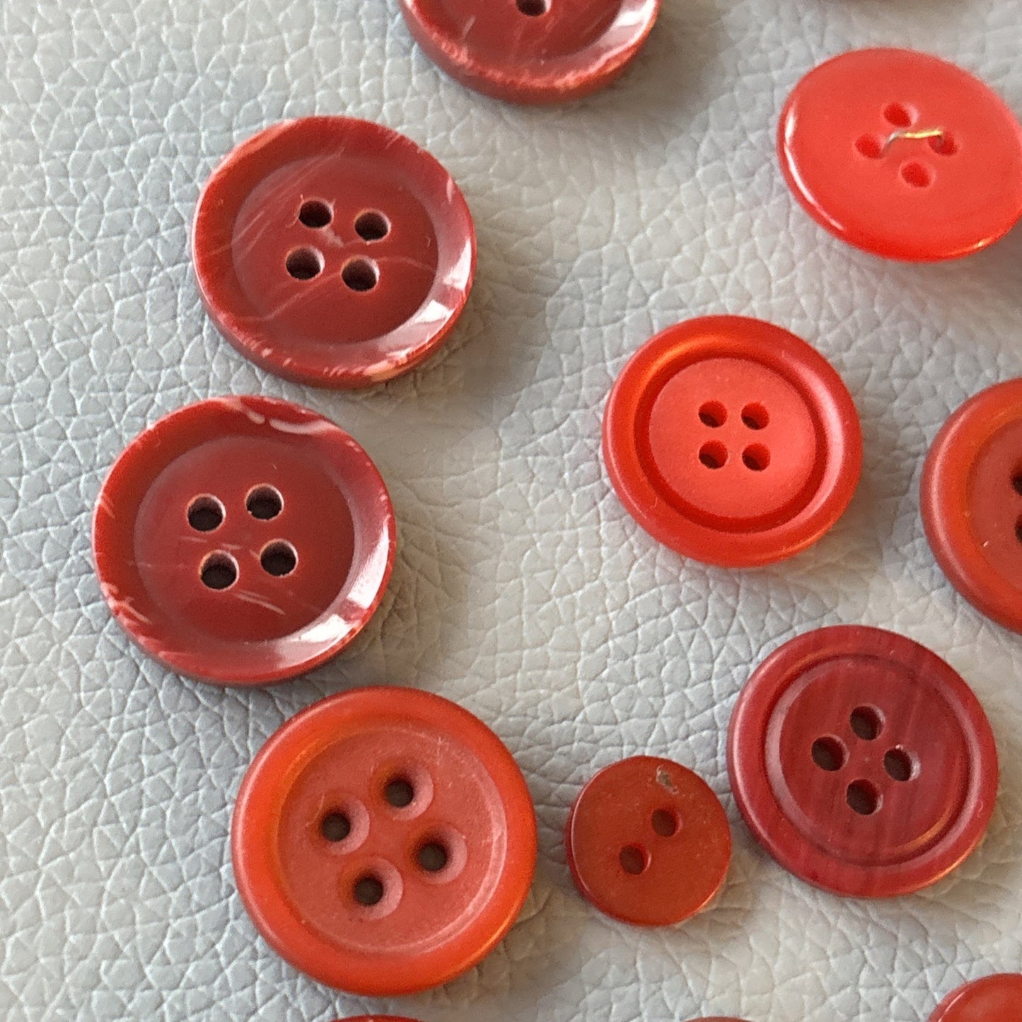Vintage Red Four Hole Button Lot Made Of Early Plastic 3 Large,  Small + Medium