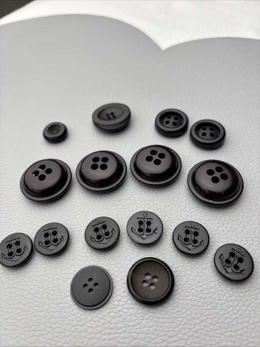 Vintage button lot ,15 black  mix with nautical anchor designs Rare Steel