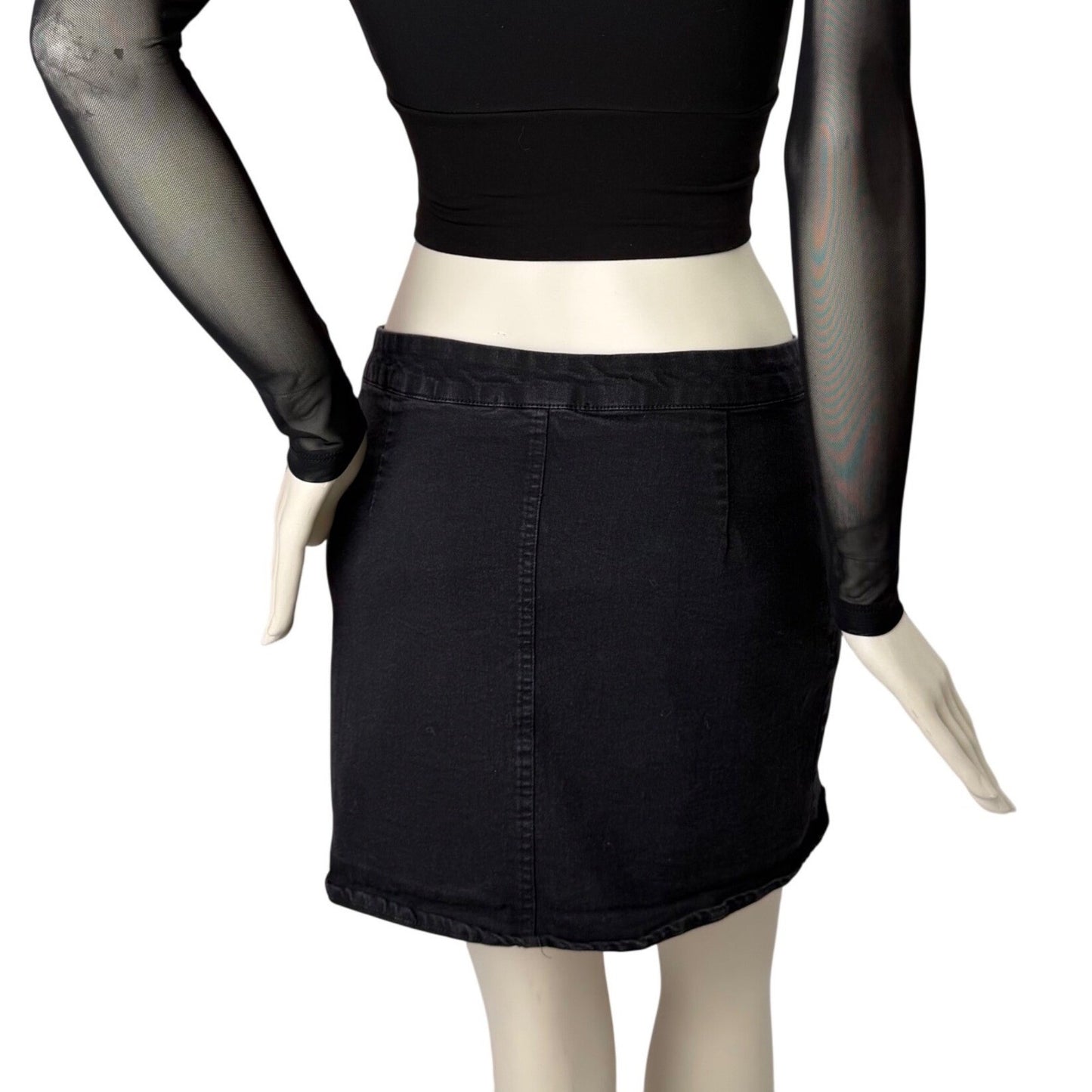Streetwear Society Black Denim Mini Skirt Exposed O-Ring Zipper Y2K Goth Large