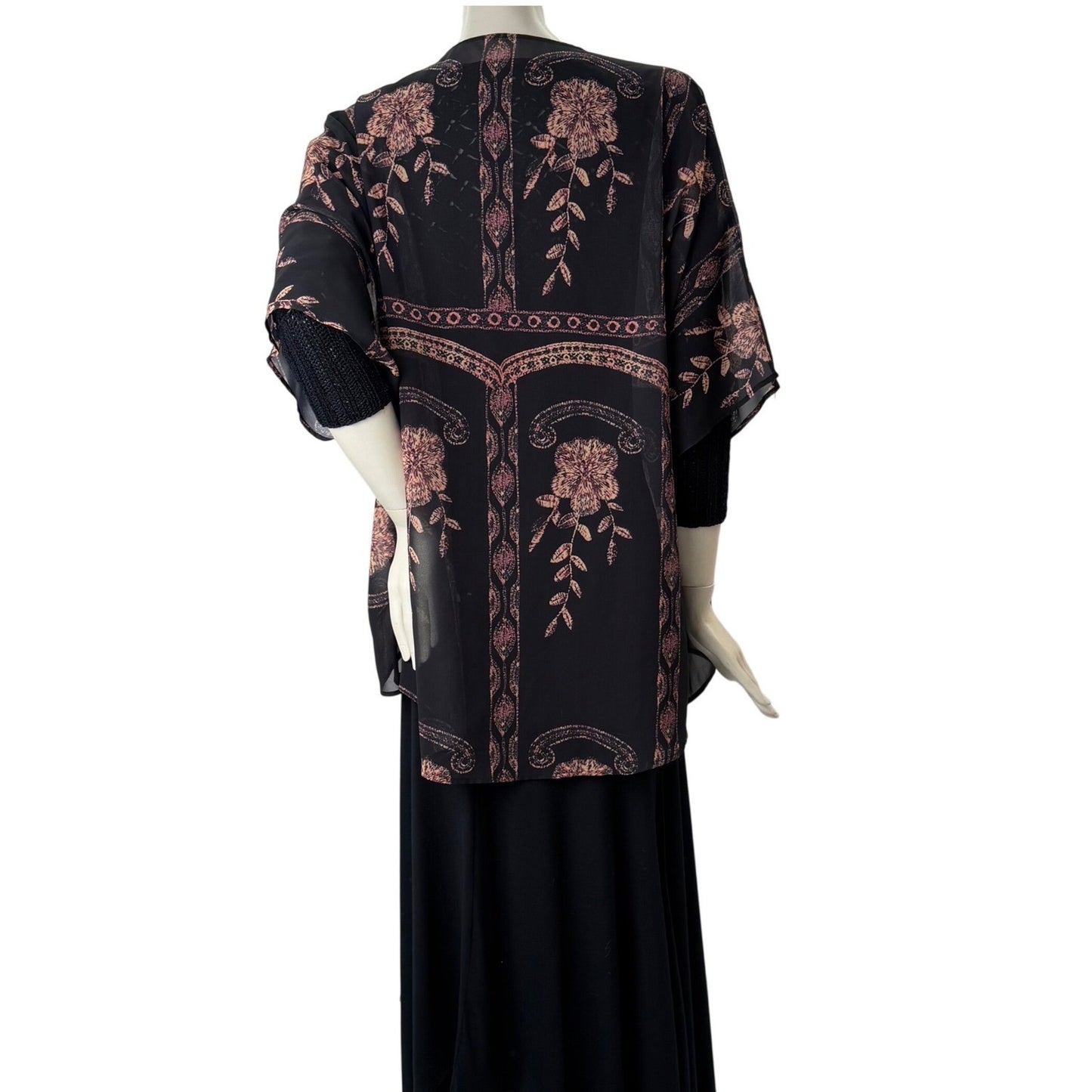 Womens Sheer Black Floral Kimono Wrap Open Front Draped Chiffon Boho Romantic