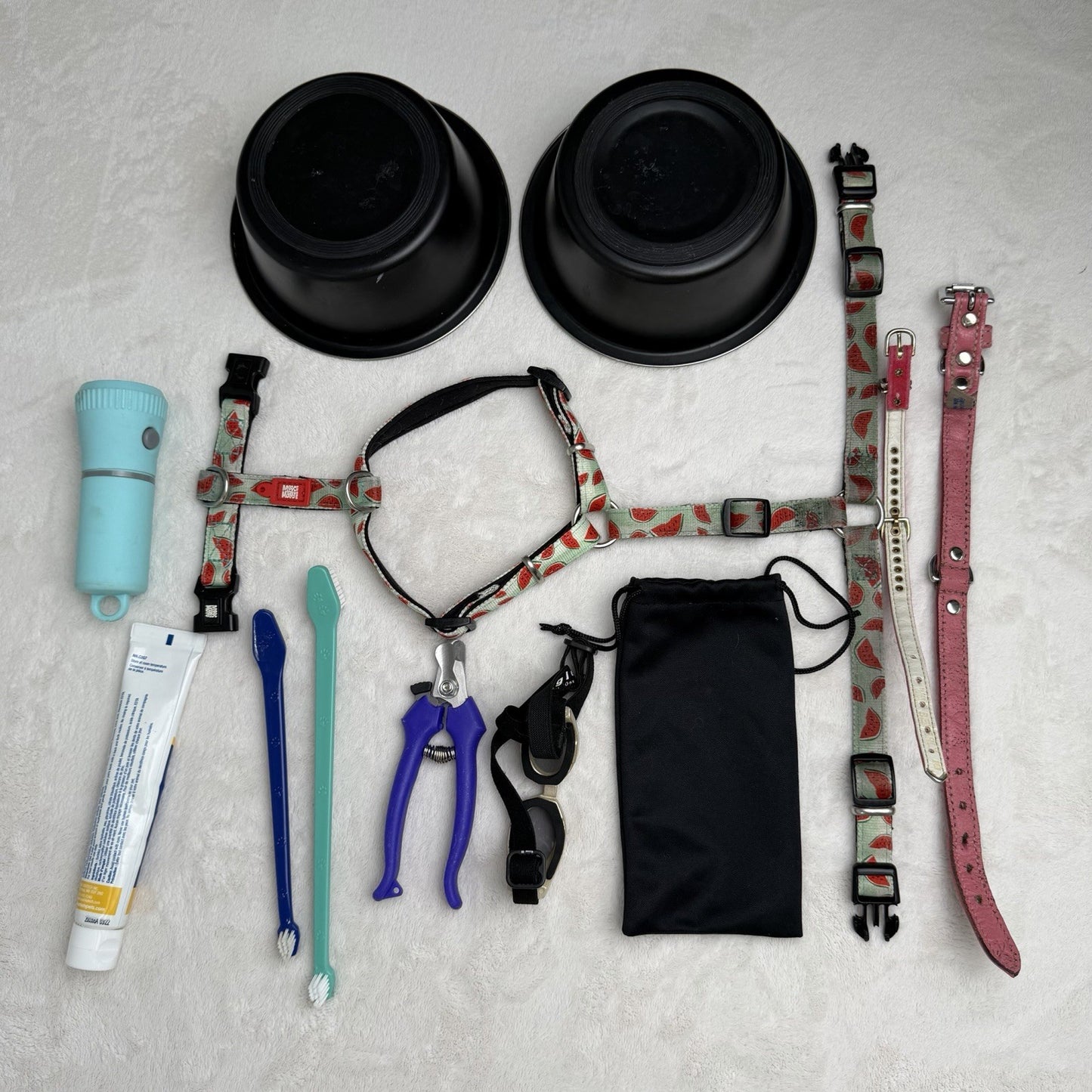 Dog Supplies Lot Bowls Harness Collars Goggles Toothpaste Clippers Brushes Paste