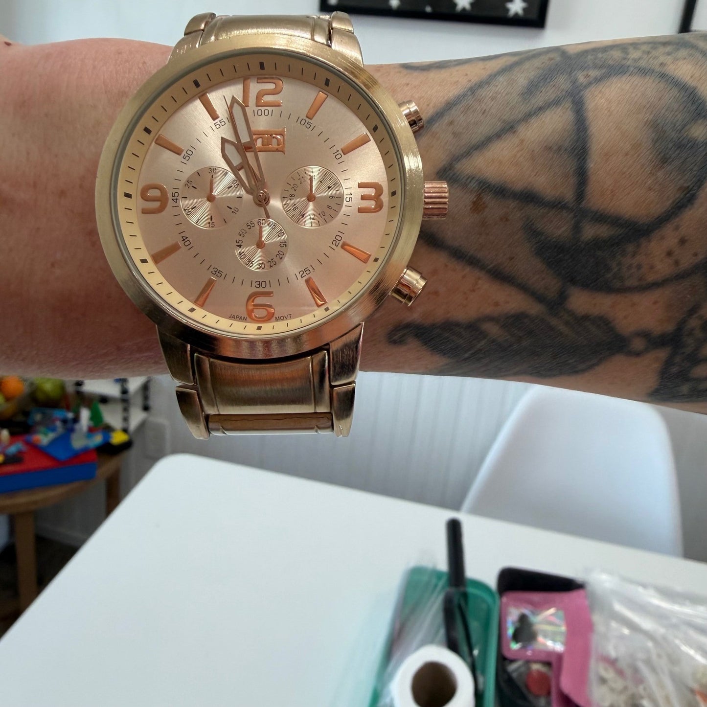 EDJ Gold Tone Chronograph Watch Oversized Statement Quartz Stainless Steel