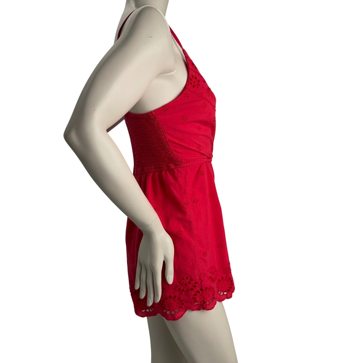 Coral Red Eyelet Embroidered Cotton Romper Smocked Back Boho Festival Country