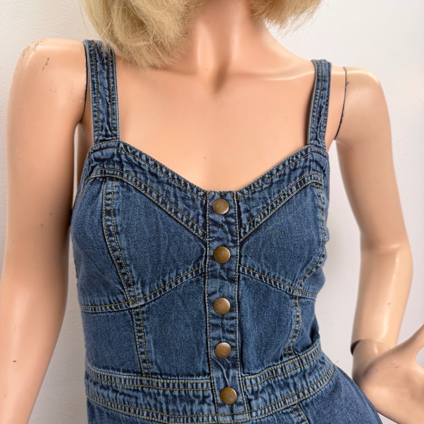Denim Button Front Mini Dress smocked back Strappy Summer Casual Womens Medium