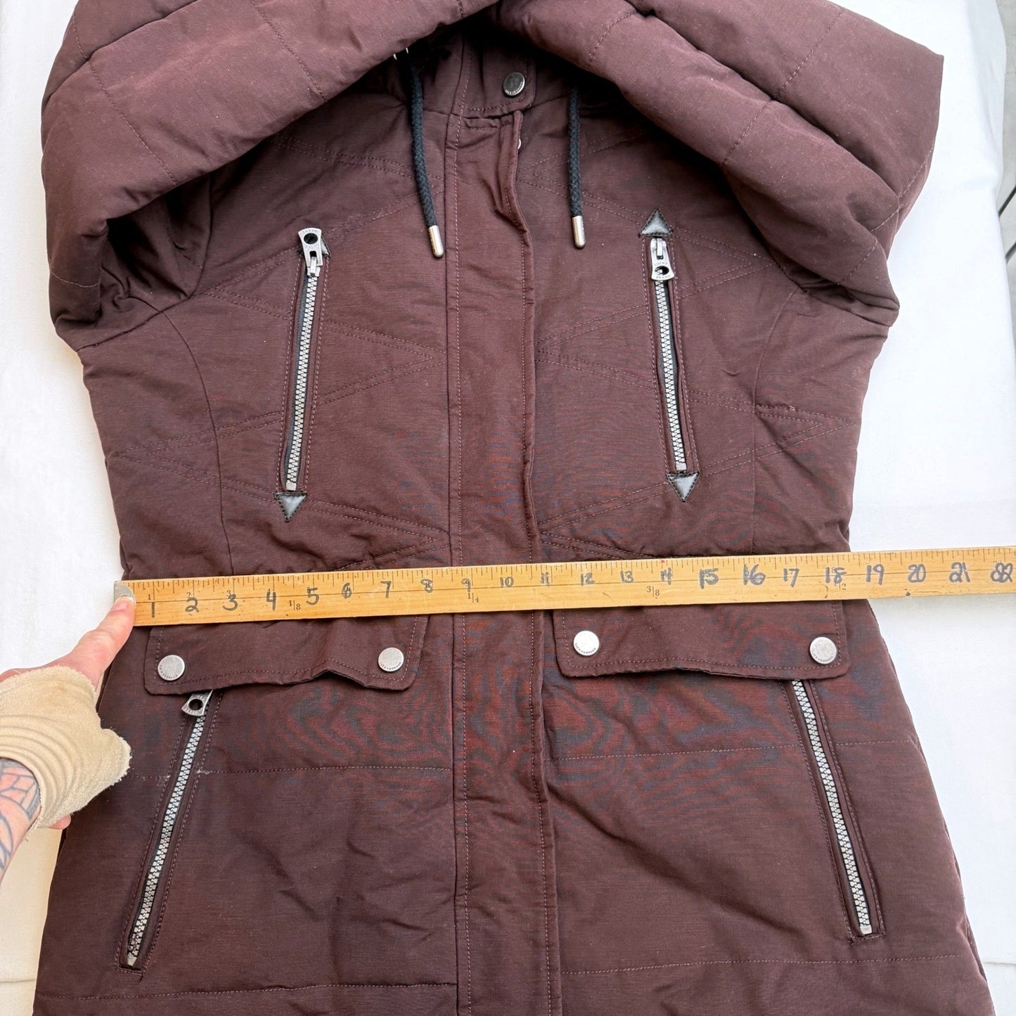 Lucky Brand Quilted Hooded Parka Jacket Burgundy Full Zip Pockets Womens Medium