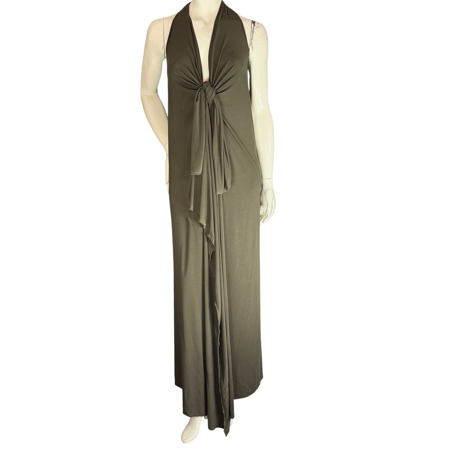 Simpłe Halter Maxi Dress Knot Front Grecian Resortwear Olive Drab Green OS