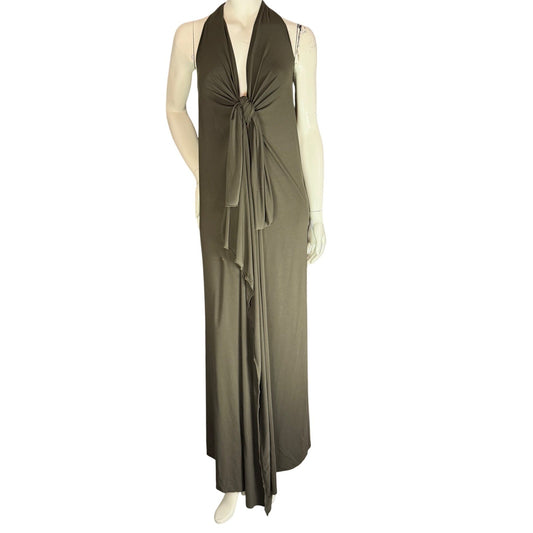 Simpłe Halter Maxi Dress Knot Front Grecian Resortwear Olive Drab Green OS